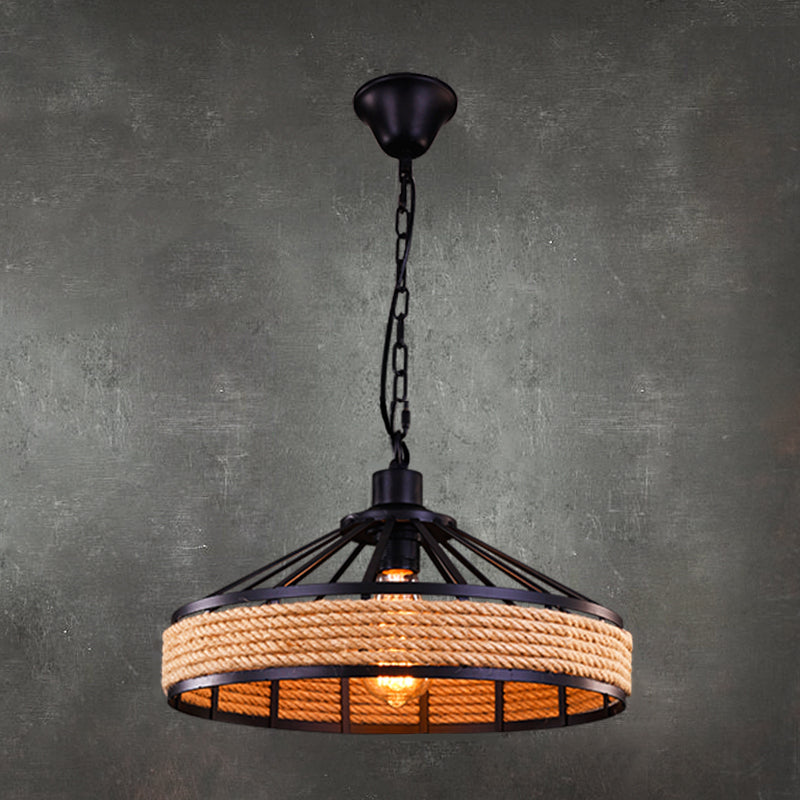 Hemp Rope Hanging Lamp - Vintage Single-Bulb Pendant For Restaurant Lighting Black Yurt Design /