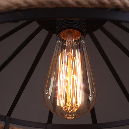 Hemp Rope Hanging Lamp - Vintage Single-Bulb Pendant For Restaurant Lighting Black Yurt Design