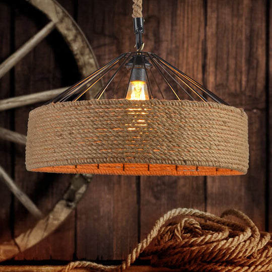 Antique Handmade Hemp Rope Drum Pendant Light - Flaxen Hanging Fixture