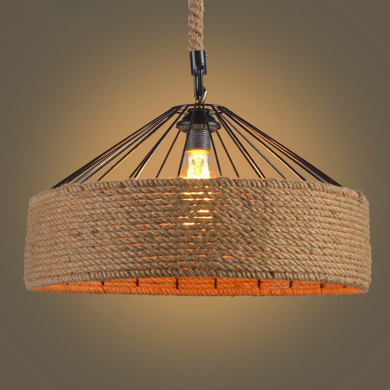 Handmade Antique Hemp Rope Drum Pendant Light For Restaurant Flaxen / Small