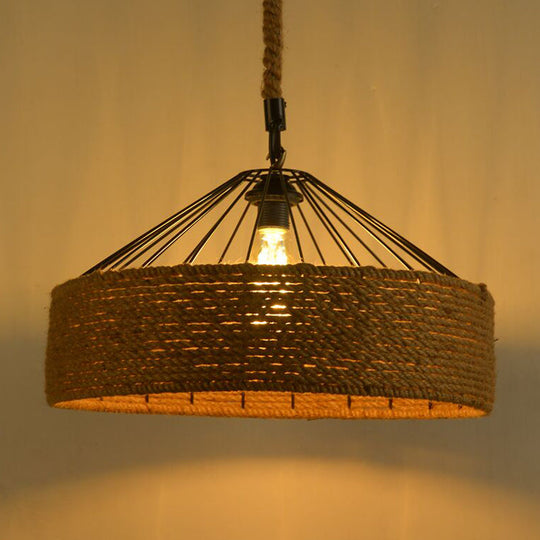 Antique Handmade Hemp Rope Drum Pendant Light - Flaxen Hanging Fixture