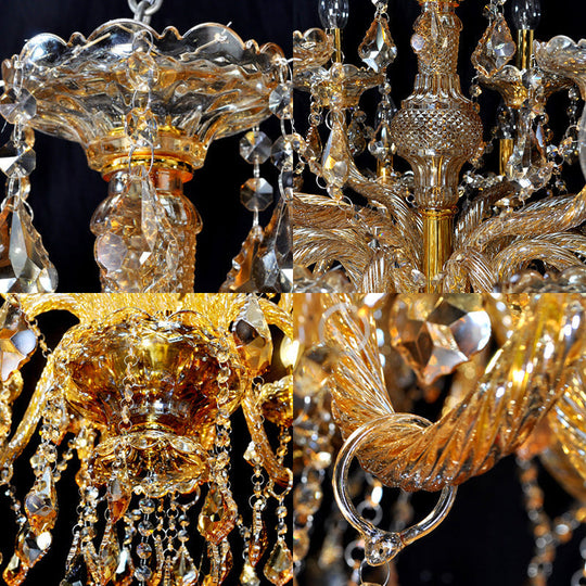 Mid-Century Crystal Pyramid Chandelier: 6-Head Gold Pendant Ceiling Light