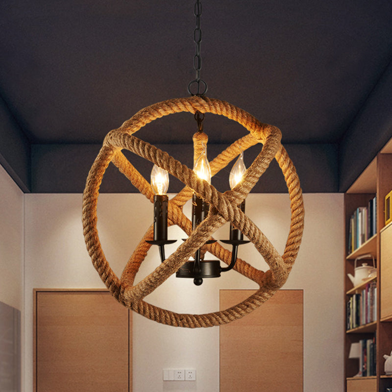 Retro Style Hemp Rope Pendant Light With 3 Bulbs - Flaxen Suspension Lighting Sphere Metallic Candle