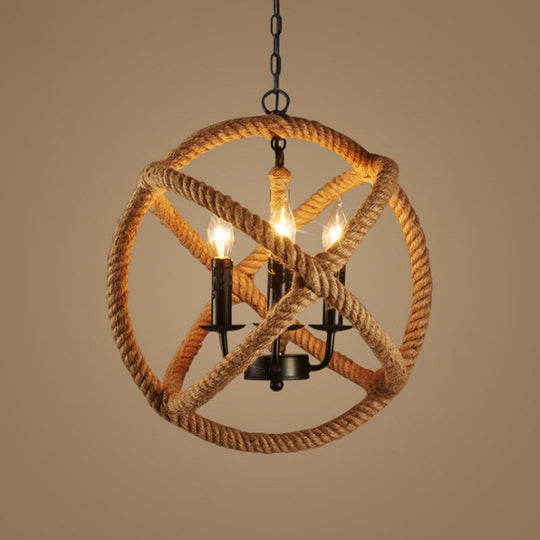 Retro Style Hemp Rope Pendant Light With 3 Bulbs - Flaxen Suspension Lighting Sphere Metallic Candle