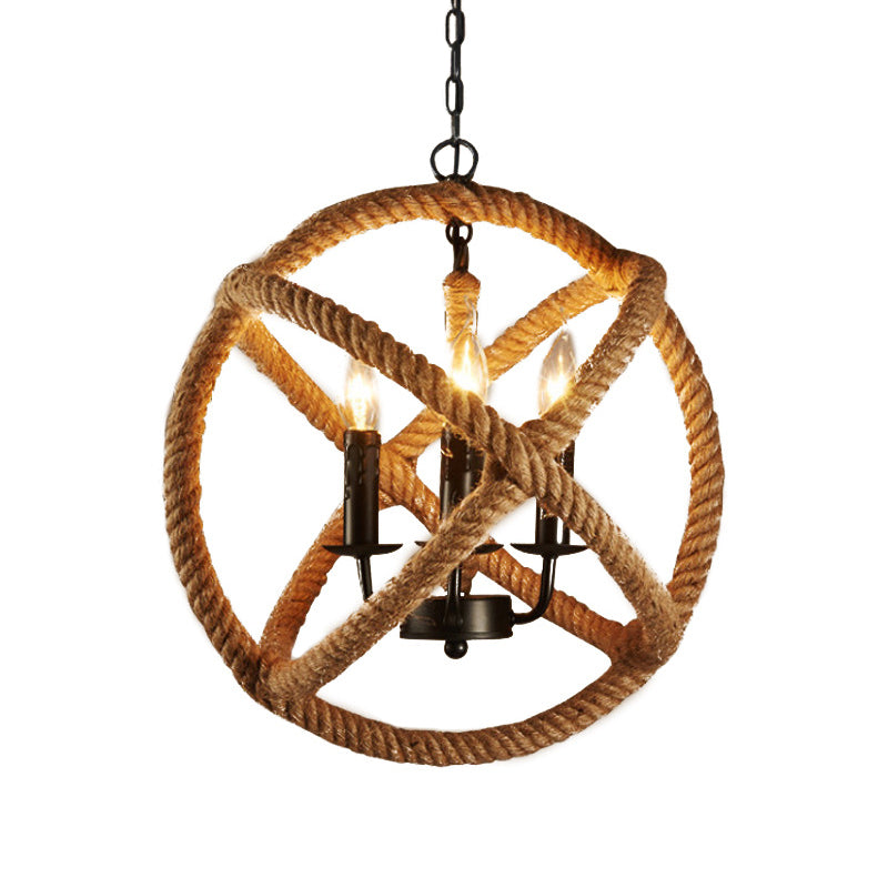 Flaxen Hemp Rope Pendant Ceiling Light with Metallic Candle – Retro Style, 3-Bulb Suspension Lighting Sphere