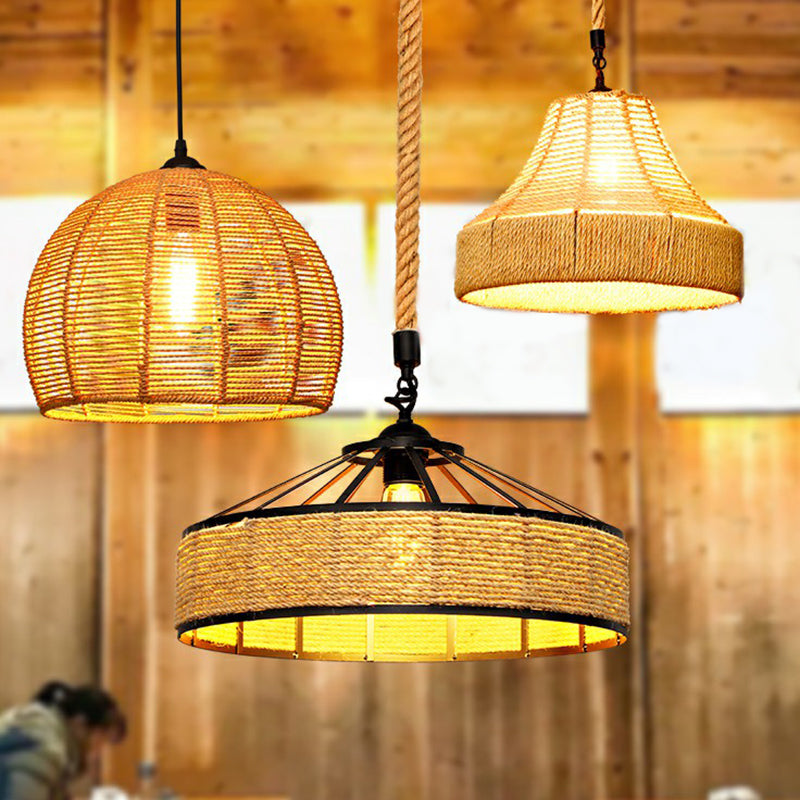 Rustic Hemp Rope Pendant Light Fixture - Brown, Restaurant Hanging Light with Shaded 1��Bulb