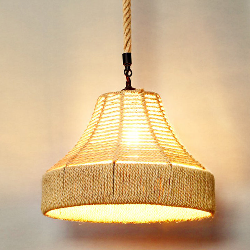 Rustic Hemp Rope Shaded Hanging Light - Brown Restaurant Pendant Fixture With 1 Bulb / C