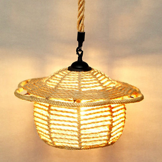 Rustic Hemp Rope Shaded Hanging Light - Brown Restaurant Pendant Fixture With 1 Bulb / A