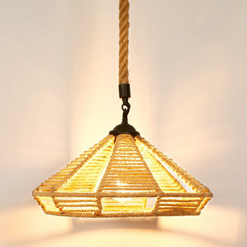 Rustic Hemp Rope Shaded Hanging Light - Brown Restaurant Pendant Fixture With 1 Bulb / E