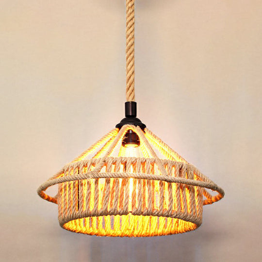 Rustic Hemp Rope Shaded Hanging Light - Brown Restaurant Pendant Fixture With 1 Bulb / M