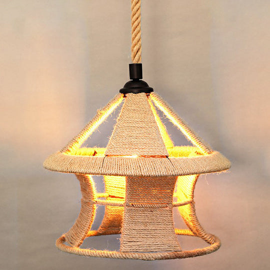 Rustic Hemp Rope Pendant Light Fixture - Brown, Restaurant Hanging Light with Shaded 1��Bulb