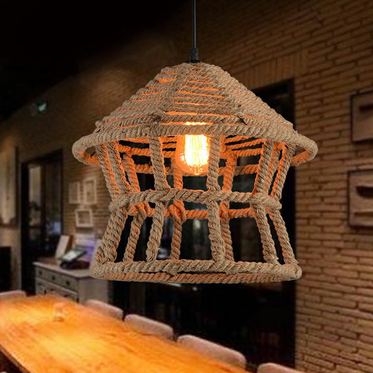 Retro House Shaped Hemp Rope Pendant Ceiling Light In Brown With 1 Head Suspension