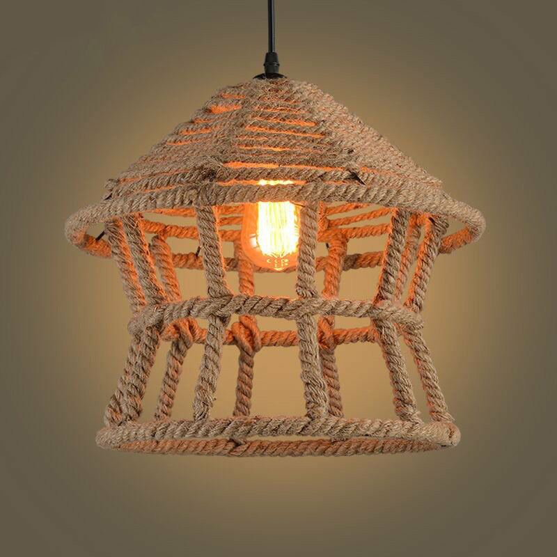 Retro House Shaped Hemp Rope Pendant Ceiling Light In Brown With 1 Head Suspension