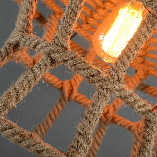 Retro House Shaped Hemp Rope Pendant Ceiling Light In Brown With 1 Head Suspension