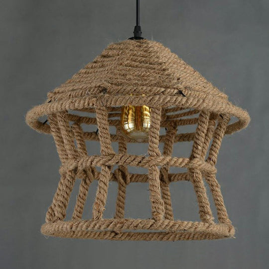 Retro House Shaped Hemp Rope Pendant Ceiling Light In Brown With 1 Head Suspension