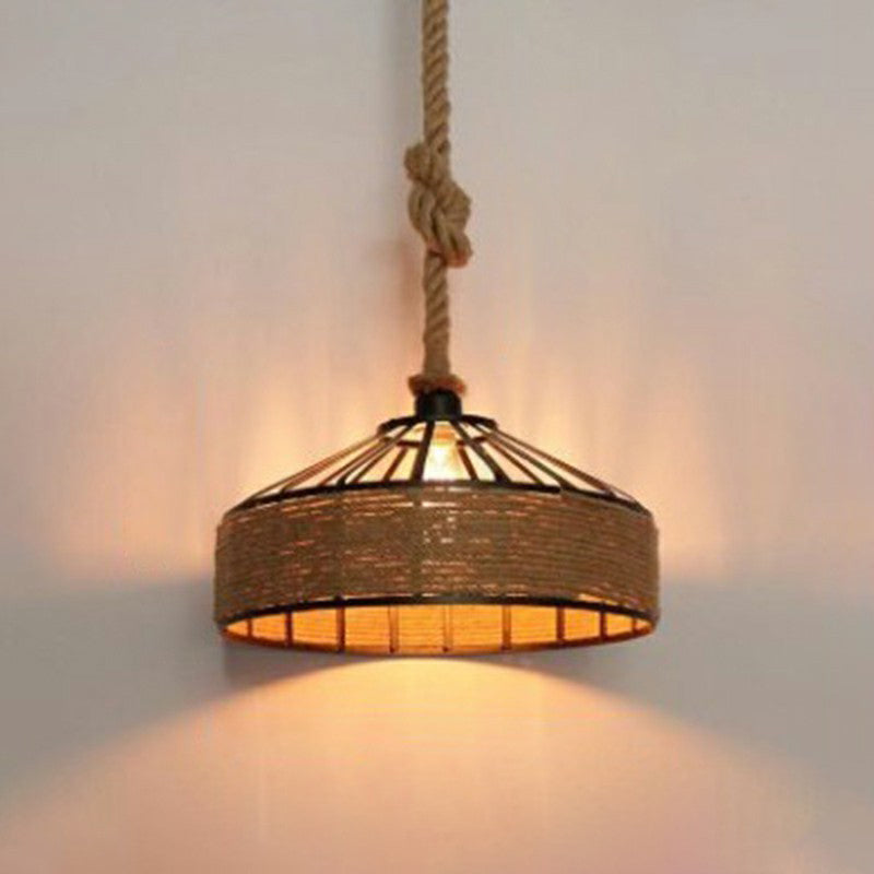 Retro Yurt Suspension Lighting: 1-Head Pendant Ceiling Light in Brown - Vintage Style with Hemp Rope