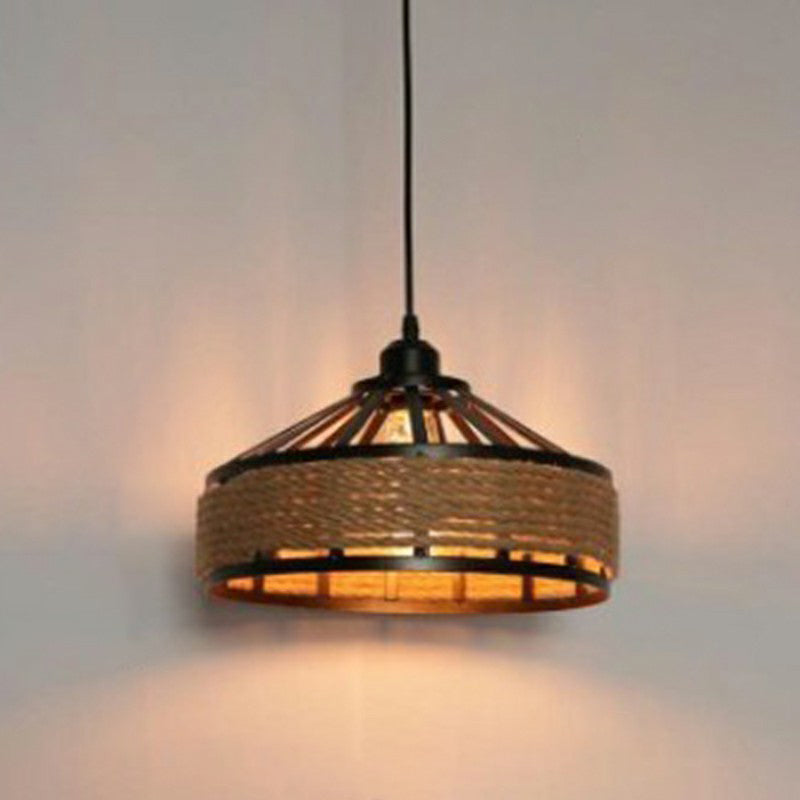 Retro Yurt Suspension Lighting - 1 Head Hemp Rope Pendant/Ceiling Light In Brown