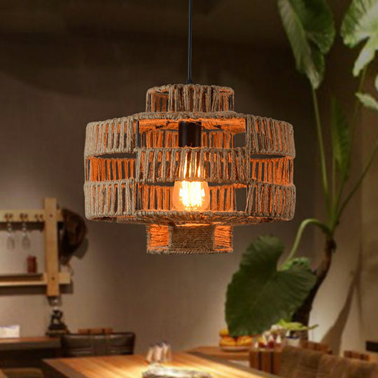 Rustic Industrial Hemp Rope Pendant Lighting - Brown