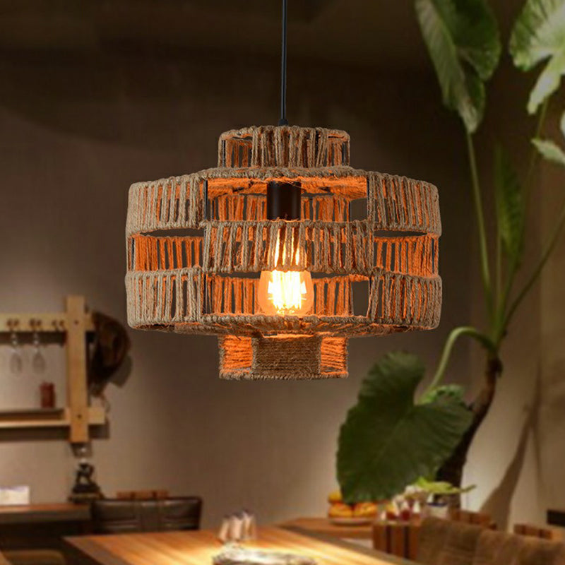 Brown Industrial Lantern Ceiling Light With Single Hemp Rope Pendant