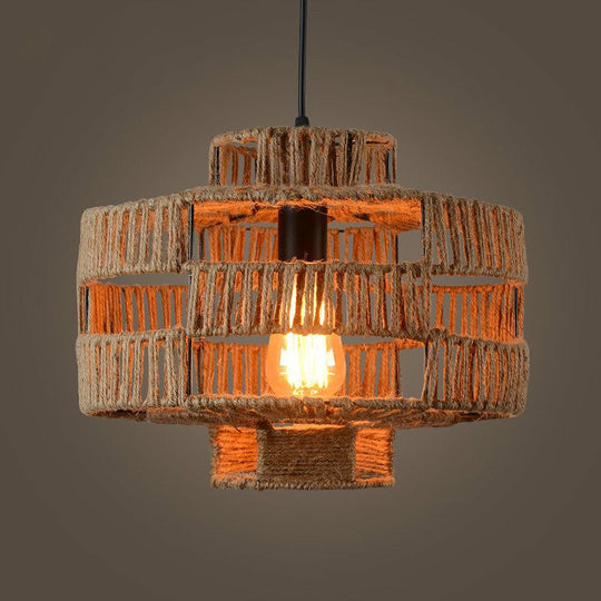 Brown Industrial Lantern Ceiling Light With Single Hemp Rope Pendant