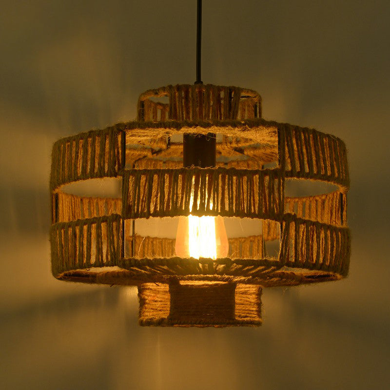 Rustic Industrial Hemp Rope Pendant Lighting - Brown