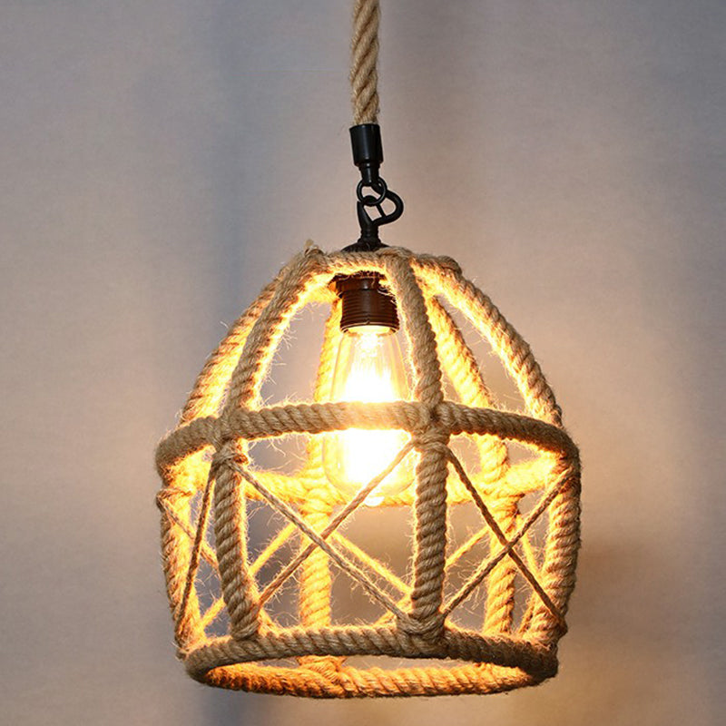 Rustic Hemp Rope Hanging Lamp, Vintage Single-Bulb Pendant for Restaurants - Brown