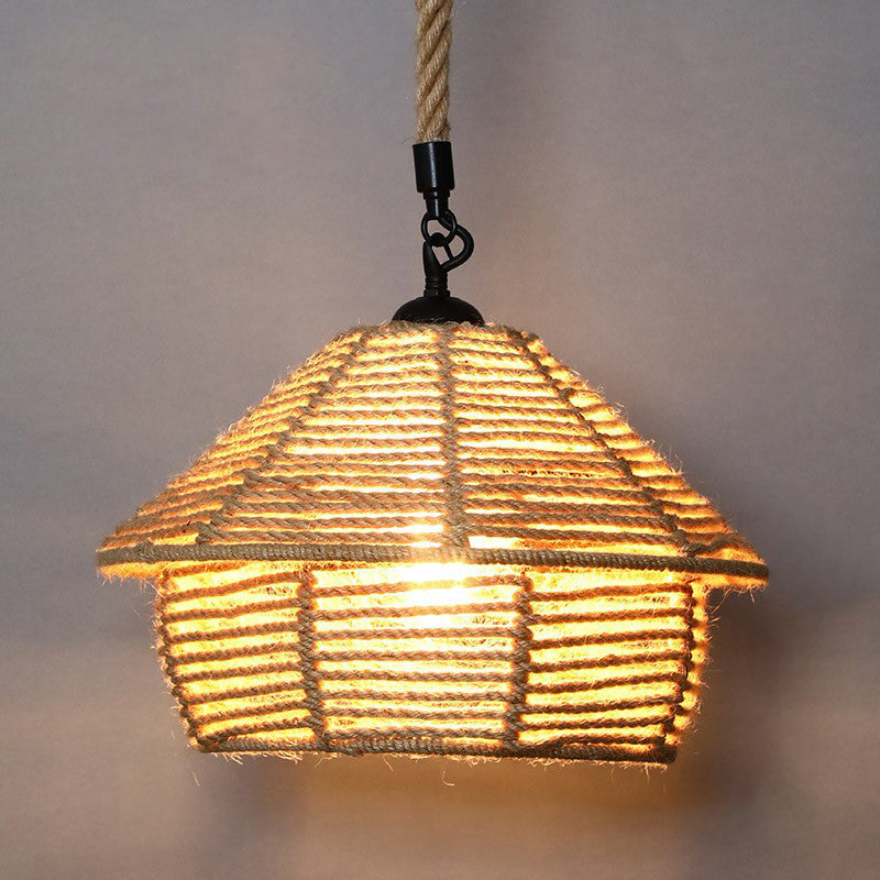 Rustic Hemp Rope Hanging Lamp, Vintage Single-Bulb Pendant for Restaurants - Brown