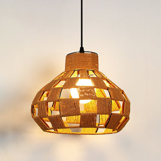 Hemp Rope Shaded Pendant Light - Antique 1-Light Hanging Fixture for Restaurants in Brown