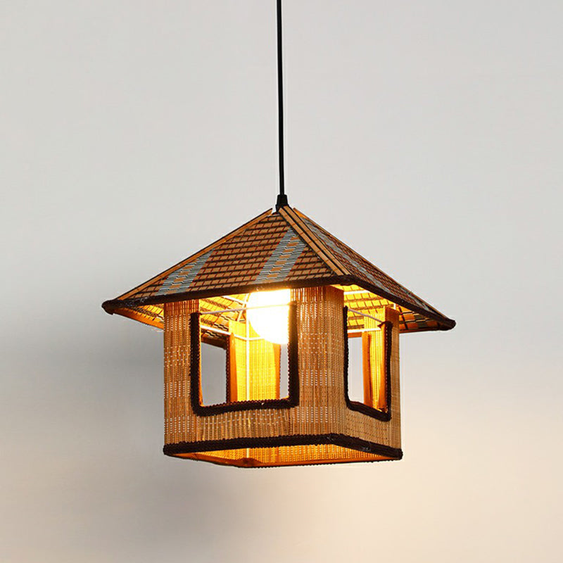 Antique 1-Light Hemp Rope Pendant Light - Brown | Rustic Restaurant Hanging Fixture / A