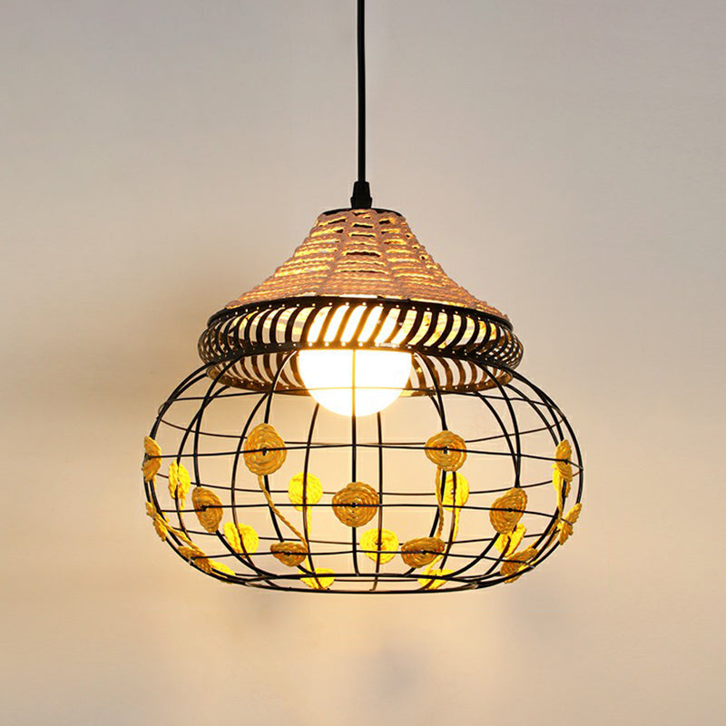 Hemp Rope Shaded Pendant Light - Antique 1-Light Hanging Fixture for Restaurants in Brown