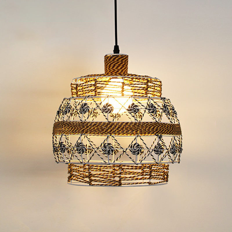 Antique 1-Light Hemp Rope Pendant Light - Brown | Rustic Restaurant Hanging Fixture / F