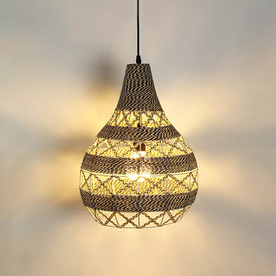 Antique 1-Light Hemp Rope Pendant Light - Brown | Rustic Restaurant Hanging Fixture / G