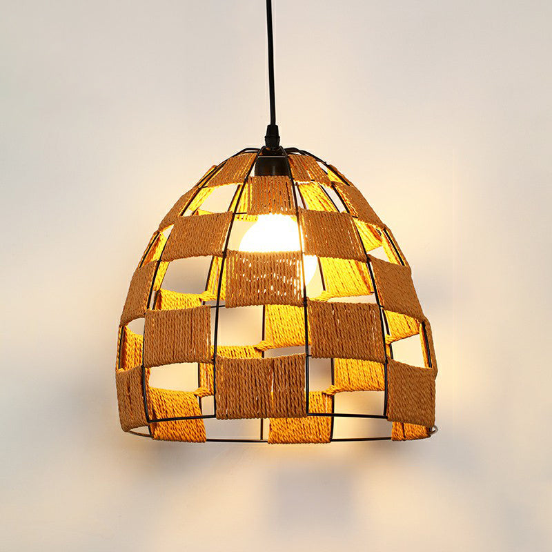 Hemp Rope Shaded Pendant Light - Antique 1-Light Hanging Fixture for Restaurants in Brown