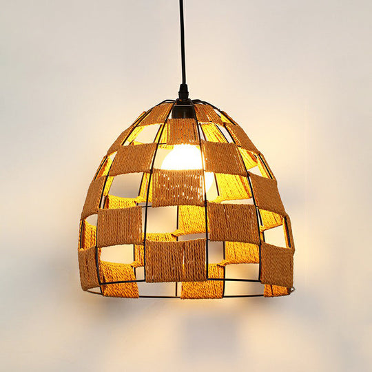 Hemp Rope Shaded Pendant Light - Antique 1-Light Hanging Fixture for Restaurants in Brown