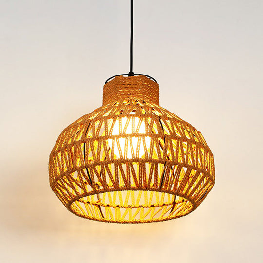 Hemp Rope Shaded Pendant Light - Antique 1-Light Hanging Fixture for Restaurants in Brown