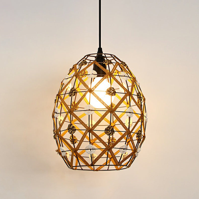 Hemp Rope Shaded Pendant Light - Antique 1-Light Hanging Fixture for Restaurants in Brown