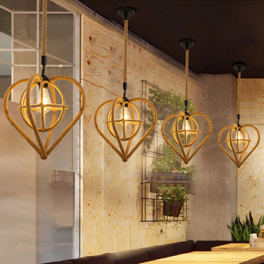 Hemp Rope Caged Pendant Light - Vintage Single-Bulb Hanging Fixture for Restaurants in Brown