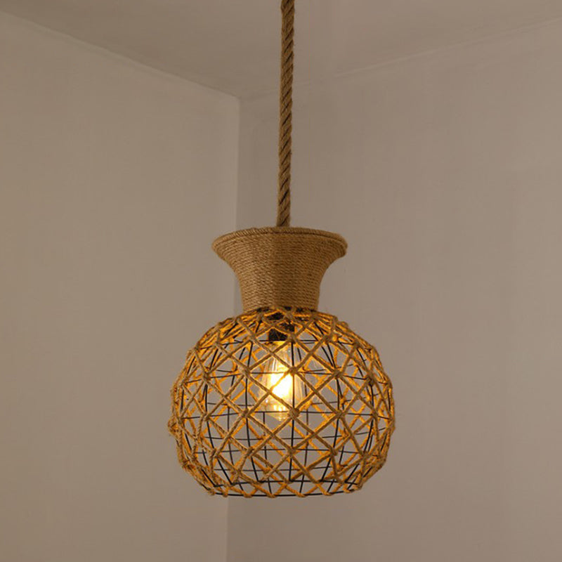 Hemp Rope Caged Pendant Light - Vintage Single-Bulb Hanging Fixture for Restaurants in Brown