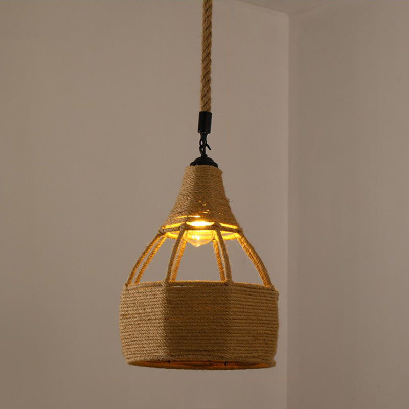 Hemp Rope Caged Pendant Light - Vintage Single-Bulb Hanging Fixture for Restaurants in Brown