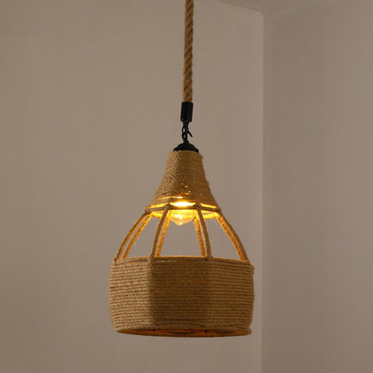 Vintage Hemp Rope Hanging Light: Single-Bulb Pendant For Restaurants In Brown / K