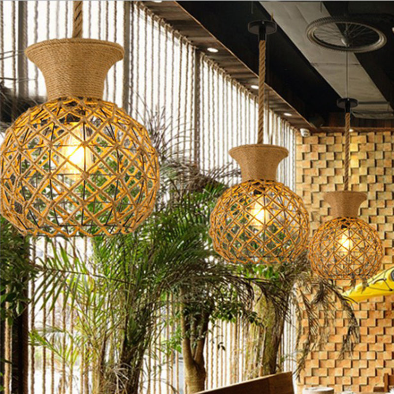 Hemp Rope Caged Pendant Light - Vintage Single-Bulb Hanging Fixture for Restaurants in Brown