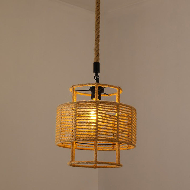 Hemp Rope Caged Pendant Light - Vintage Single-Bulb Hanging Fixture for Restaurants in Brown