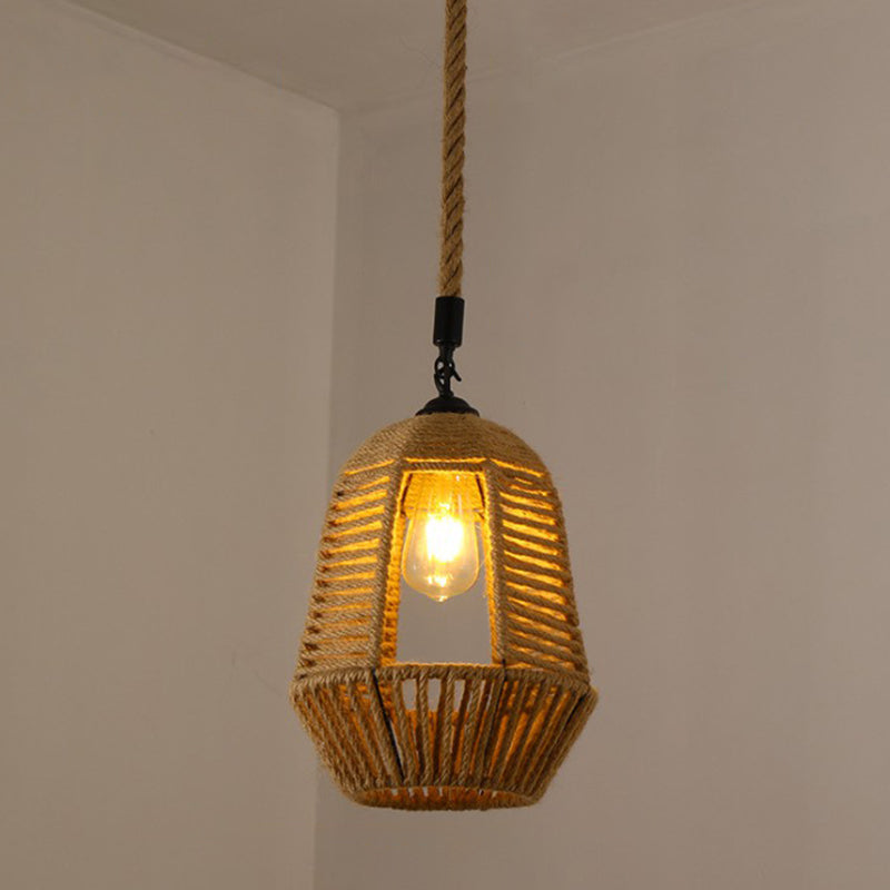 Hemp Rope Caged Pendant Light - Vintage Single-Bulb Hanging Fixture for Restaurants in Brown