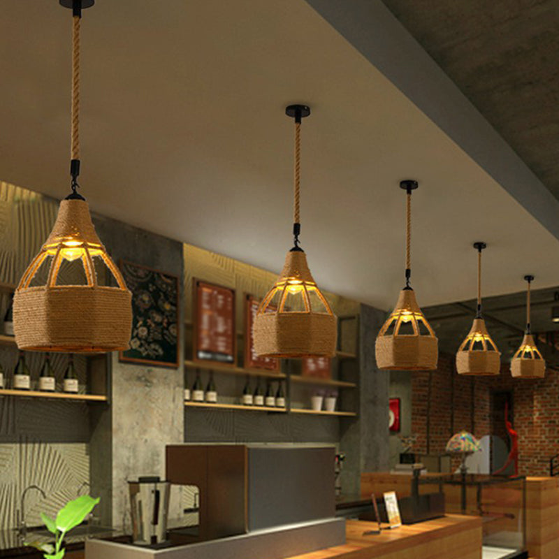 Hemp Rope Caged Pendant Light - Vintage Single-Bulb Hanging Fixture for Restaurants in Brown