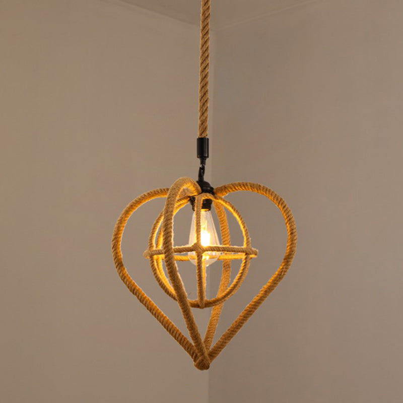 Hemp Rope Caged Pendant Light - Vintage Single-Bulb Hanging Fixture for Restaurants in Brown