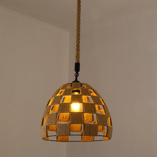 Hemp Rope Caged Pendant Light - Vintage Single-Bulb Hanging Fixture for Restaurants in Brown