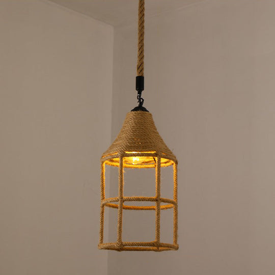 Hemp Rope Caged Pendant Light - Vintage Single-Bulb Hanging Fixture for Restaurants in Brown