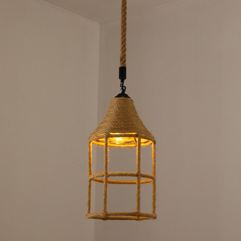 Vintage Hemp Rope Hanging Light: Single-Bulb Pendant For Restaurants In Brown / E