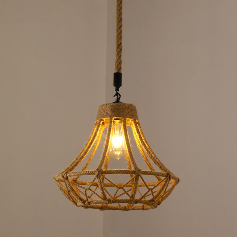 Hemp Rope Caged Pendant Light - Vintage Single-Bulb Hanging Fixture for Restaurants in Brown