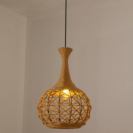 Hemp Rope Caged Pendant Light - Vintage Single-Bulb Hanging Fixture for Restaurants in Brown